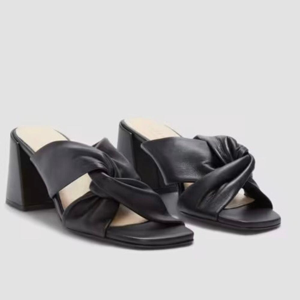 EVERLANE The Day Twist Heel Black Leather Slip On High Block Square Toe 8.5 NEW
